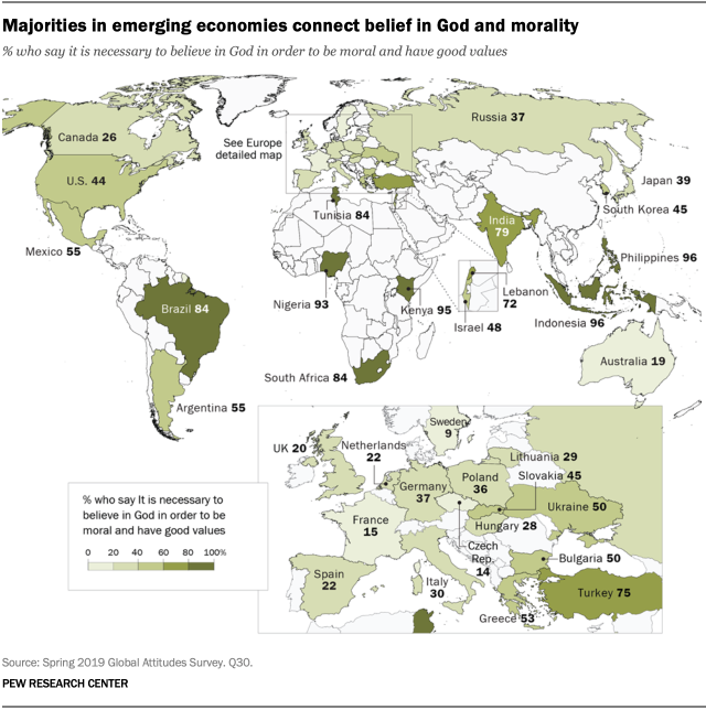 A map showing that majorities in emerging economies connect belief in God and morality