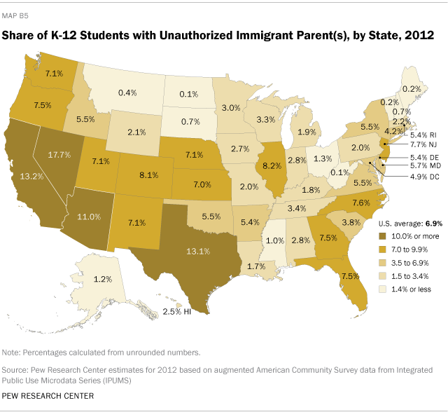 Share of K-12 Students with Unauthorized Immigrant Parent(s), by State, 2012
