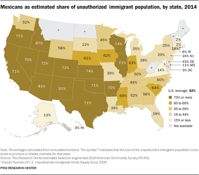 Mexicans as estimated share of unauthorized immigrant population, by state, 2014