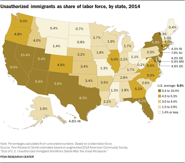 Unauthorized immigrants as share of labor force, by state, 2014