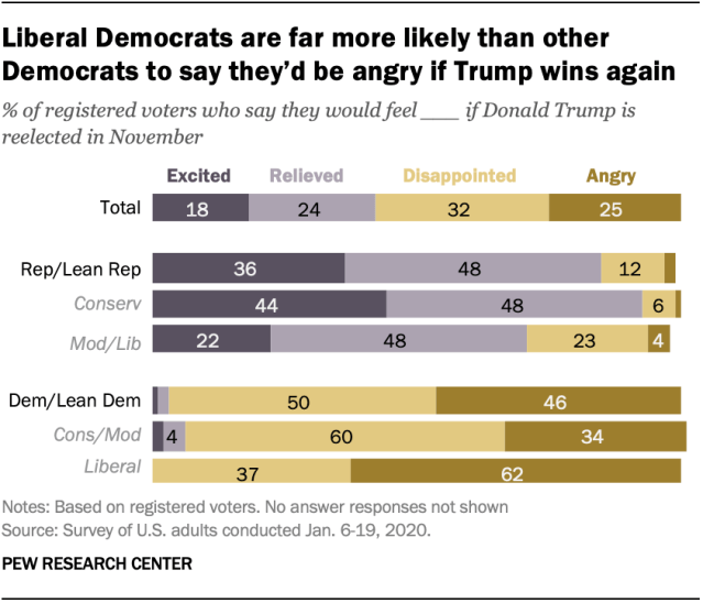 Chart shows liberal Democrats are far more likely than other Democrats to say they’d be angry if Trump wins again