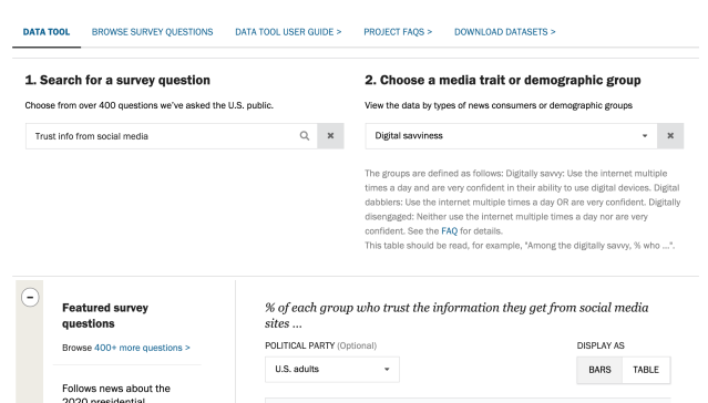 Step 1: Select a survey question and step 2: Choose a media trait or demographic group
