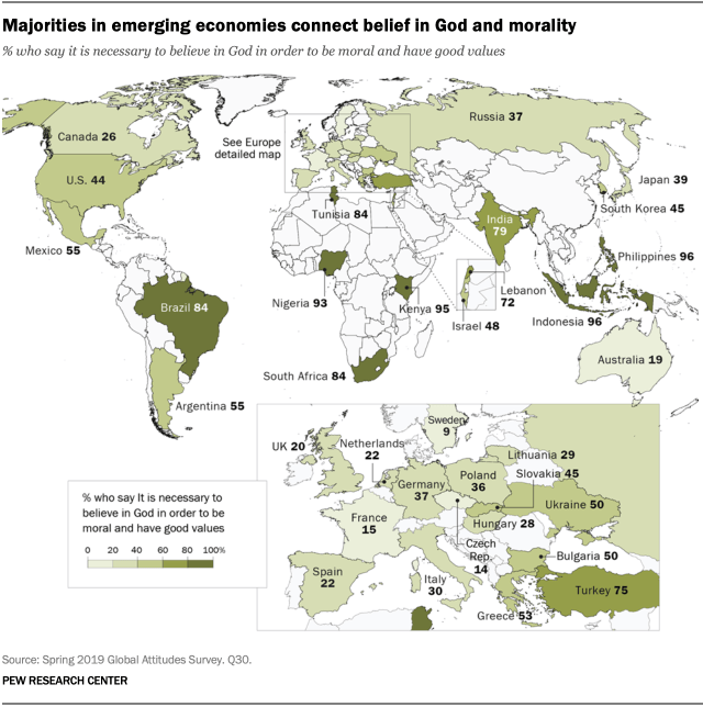 A map showing that majorities in emerging economies connect belief in God and morality