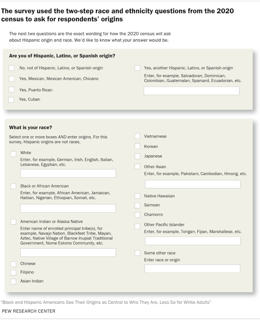 The survey used the two-step race and ethnicity questions from the 2020 census to ask for respondents’ origins