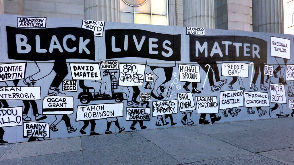 A Black Lives Matter street sign in New York City depicting the names of Black victims of police violence. (Joan Slatkin/Education Images/Universal Images Group via Getty Images)