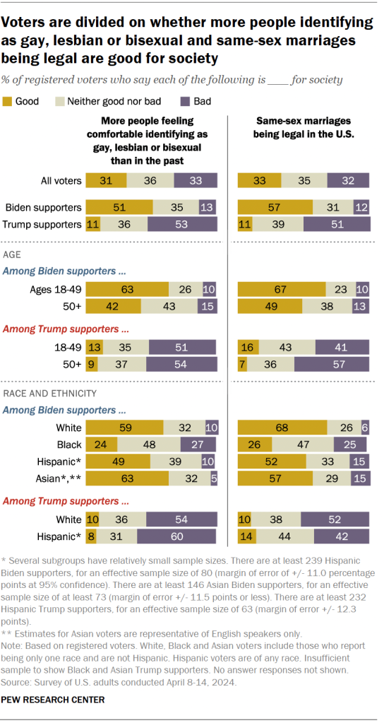 Voters are divided on whether more people identifying as gay, lesbian or bisexual and same-sex marriages being legal are good for society