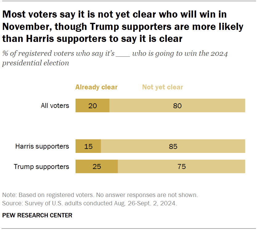 Most voters say it is not yet clear who will win in November, though Trump supporters are more likely than Harris supporters to say it is clear