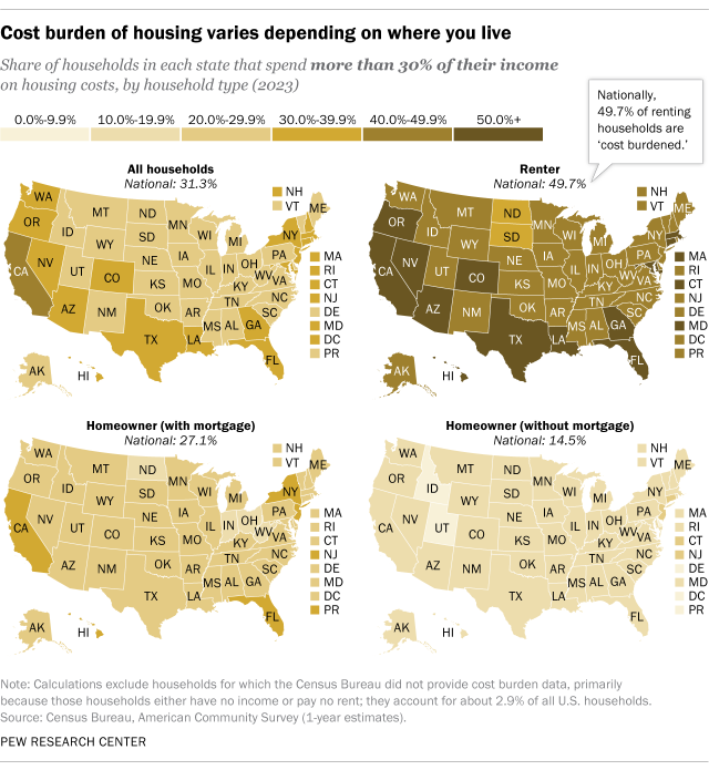 A map of the U.S. showing the cost burden of housing varies depending on where you live.