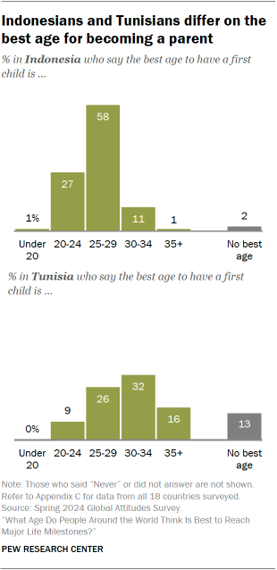 A set of bar charts showing that Indonesians and Tunisians differ on the best age for becoming a parent