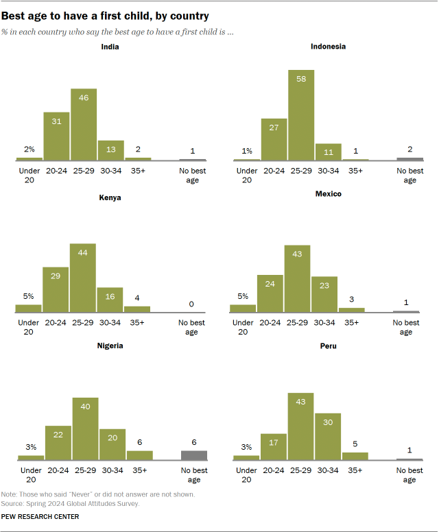 A set of bar charts showing Best age to have a first child, by country, continued