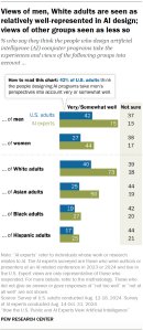 A bar chart showing that views of men, White adults are seen as relatively well-represented in AI design; views of other groups seen as less so.