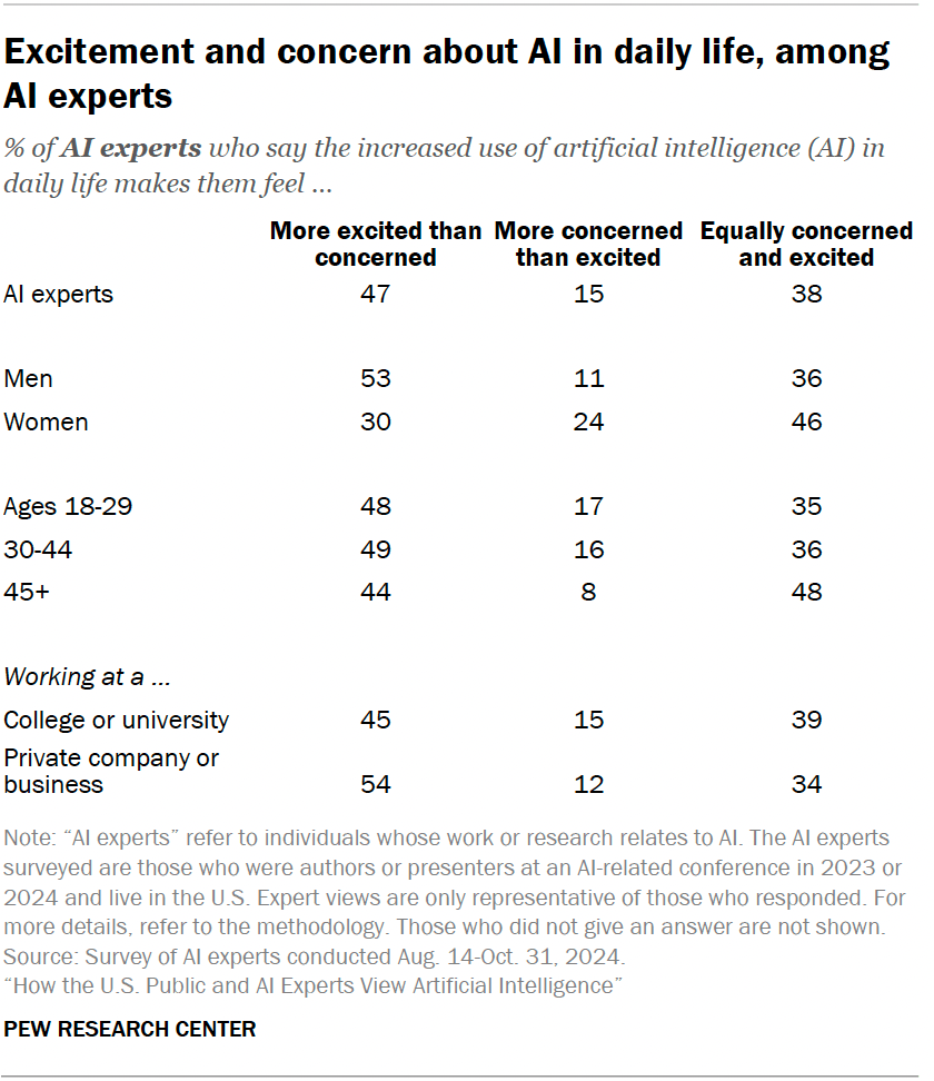 Excitement and concern about AI in daily life, among AI experts