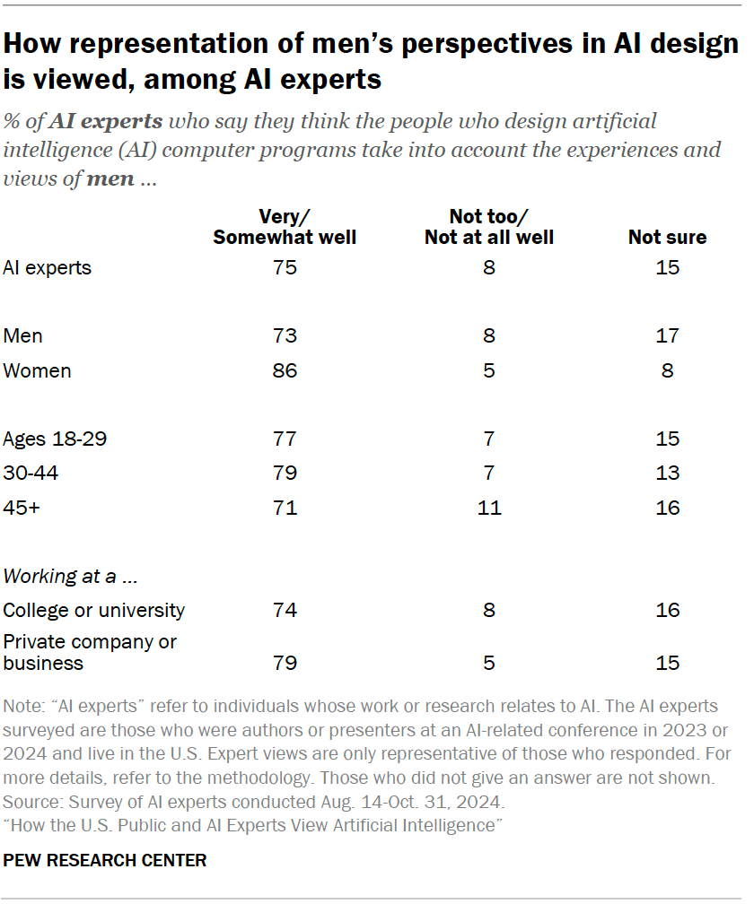 How representation of men’s perspectives in AI design is viewed, among AI experts