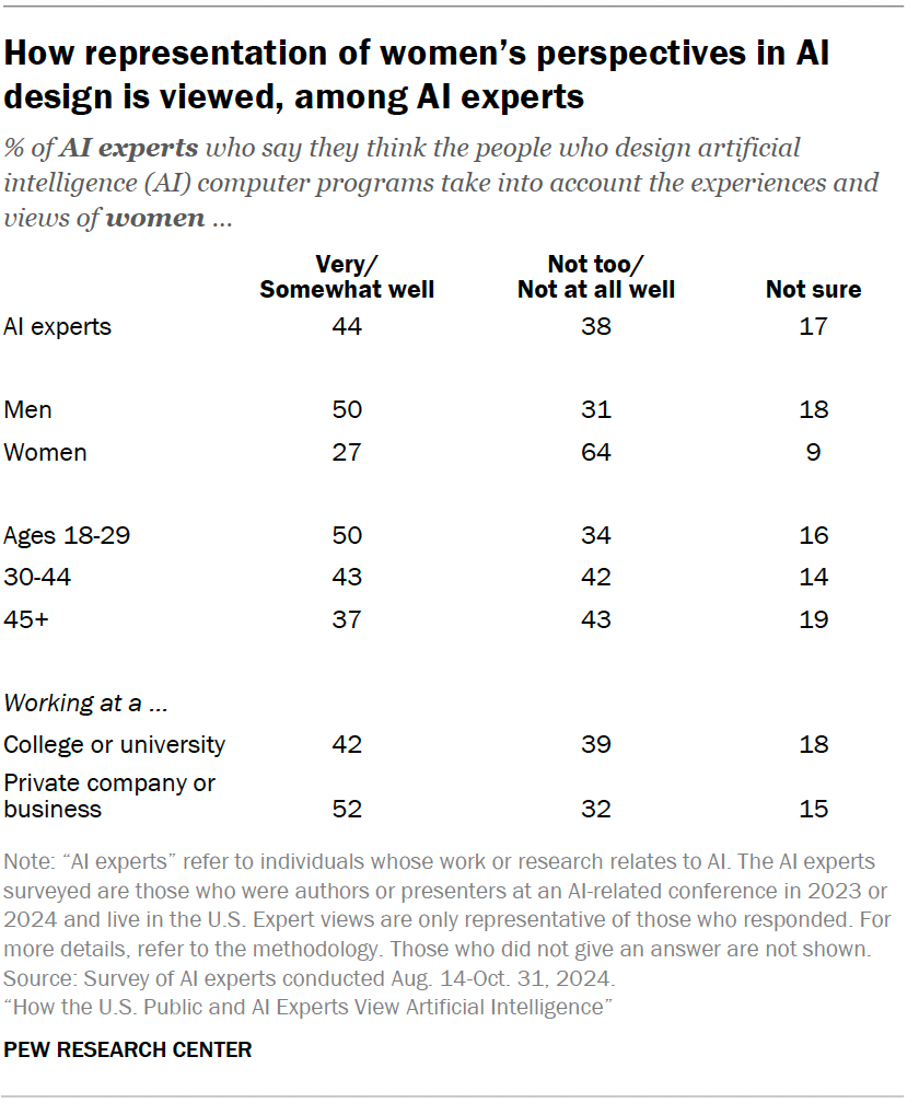 How representation of women’s perspectives in AI design is viewed, among AI experts