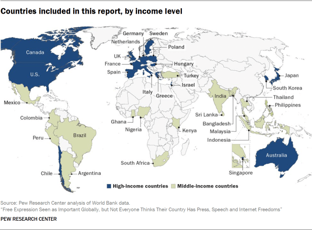 A map showing Countries included in this report, by income level 