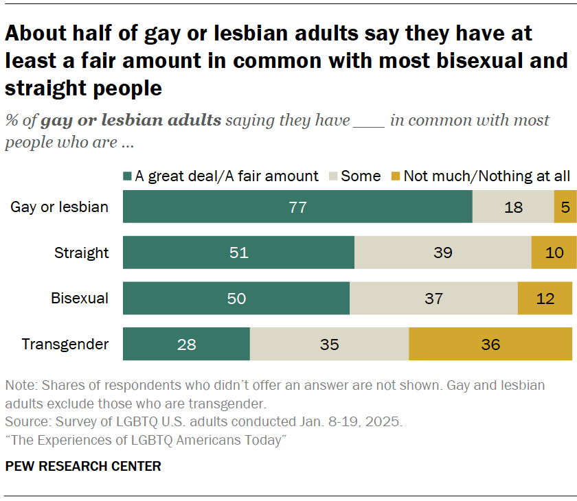 About half of gay or lesbian adults say they have at least a fair amount in common with most bisexual and straight people