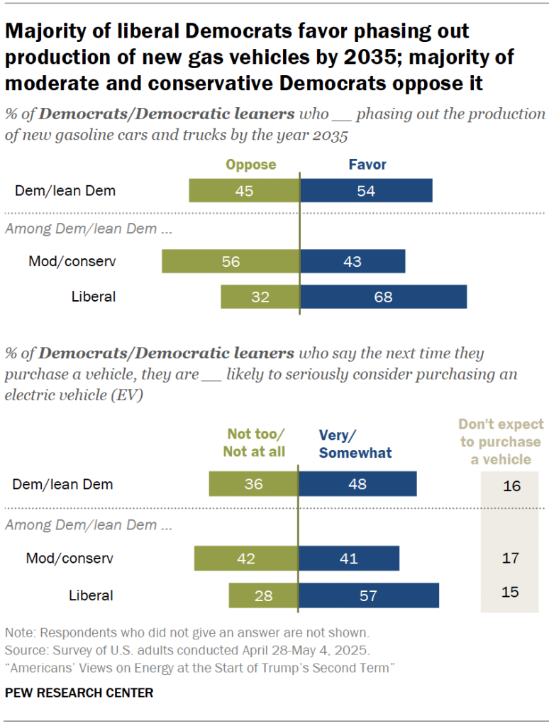 Majority of liberal Democrats favor phasing out production of new gas vehicles by 2035; majority of moderate and conservative Democrats oppose it