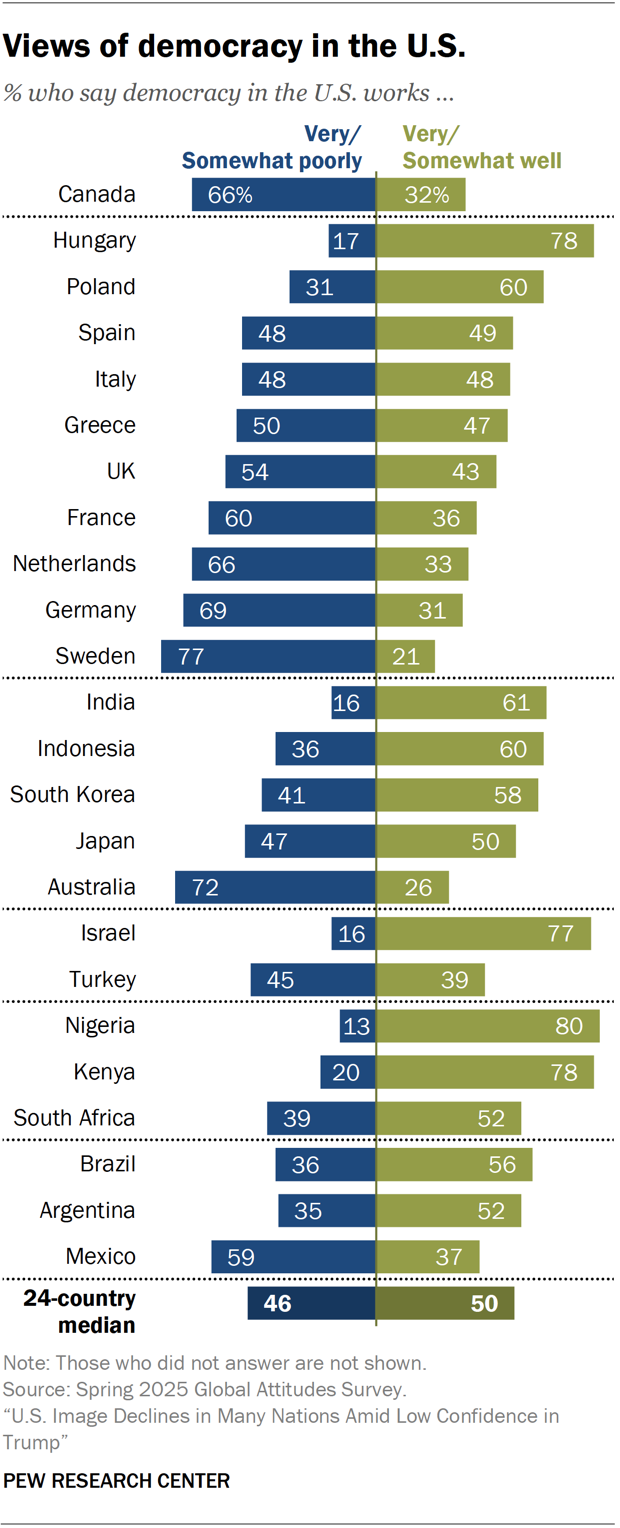 A diverging bar chart showing views of democracy in the U.S.