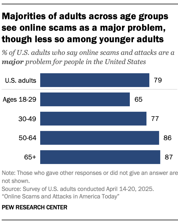 Majorities of adults across age groups see online scams as a major problem, though less so among younger adults