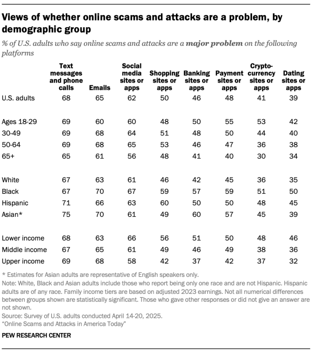 Views of whether online scams and attacks are a problem, by demographic group