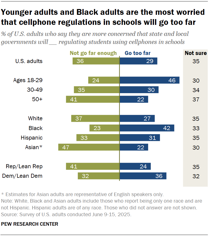 Younger adults and Black adults are the most worried that cellphone regulations in schools will go too far