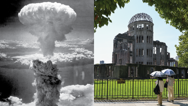 An atomic cloud is captured by a bomber over Nagasaki in 1945; tourists visit the Atomic Bomb Dome in Hiroshima on June 28, 2025. August 2025 marks the 80th anniversary of the atomic bombings in Japan and the end of the Pacific theatre of World War II. (Pierce Archive LLC/Buyenlarge via Getty Images; Richard A. Brooks/AFP via Getty Images)