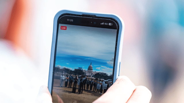 Livestream of doctors and community leaders speaking against the Israel-Hamas war outside the U.S. Capitol on March 7, 2024. (Andrew Thomas/NurPhoto via Getty Images)