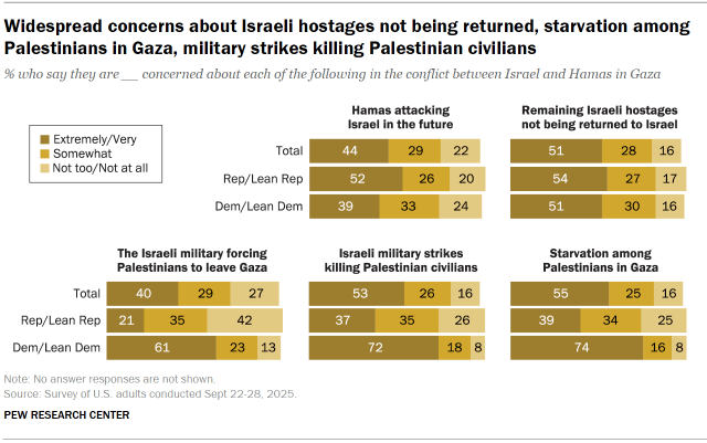 Chart shows Widespread concerns about Israeli hostages not being returned, starvation among Palestinians in Gaza, military strikes killing Palestinian civilians