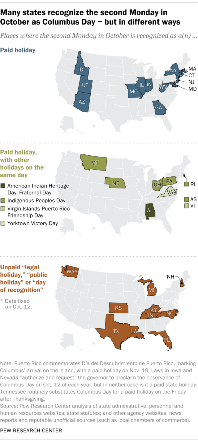 Maps of the U.S. showing that many states recognize the second Monday in October as Columbus Day - but in different ways.