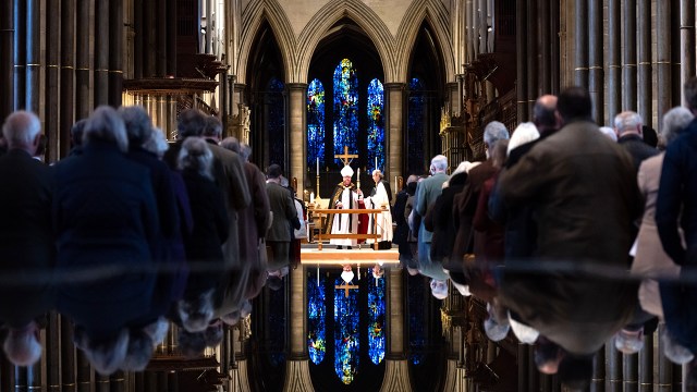 Worshippers attend a service at Salisbury Cathedral in Salisbury, England, in March 2023. (Finnbarr Webster/Getty Images)