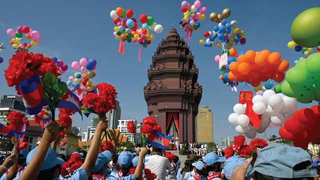 Students celebrate Cambodian Independence Day in Phnom Penh on Nov. 9, 2025. (Tang Chhin Sothy/AFP via Getty Images)
