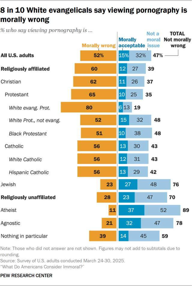 8 in 10 White evangelicals say viewing pornography is morally wrong