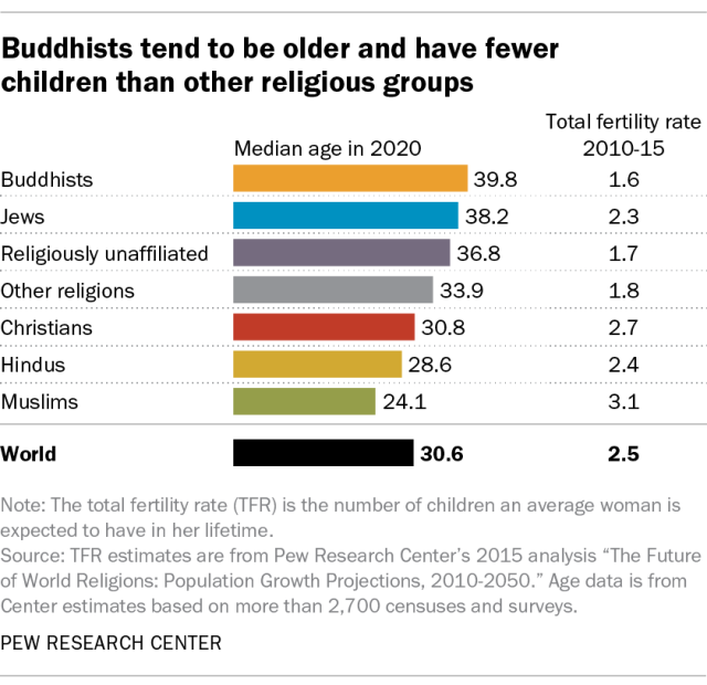 A bar chart showing that Buddhists tend to have fewer children and be older than other religious groups.