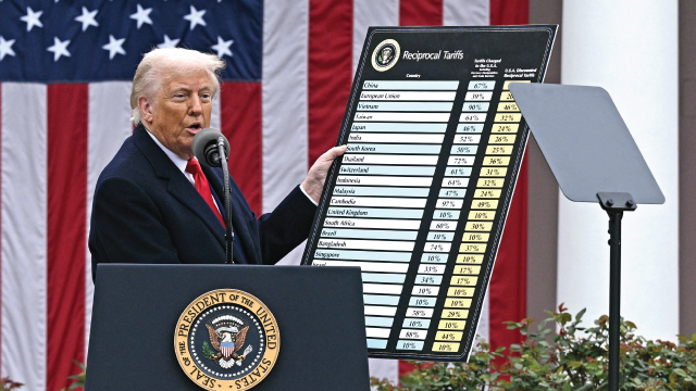 President Donald Trump delivers remarks on tariffs at the White House in Washington, D.C., on April 2, 2025. (Brendan Smialowski/AFP via Getty Images)