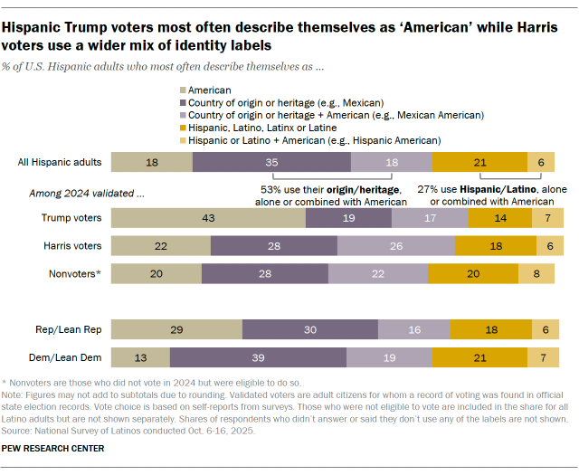 A bar chart showing Hispanic Trump voters most often describe themselves as ‘American’ while Harris voters use a wider mix of identity labels