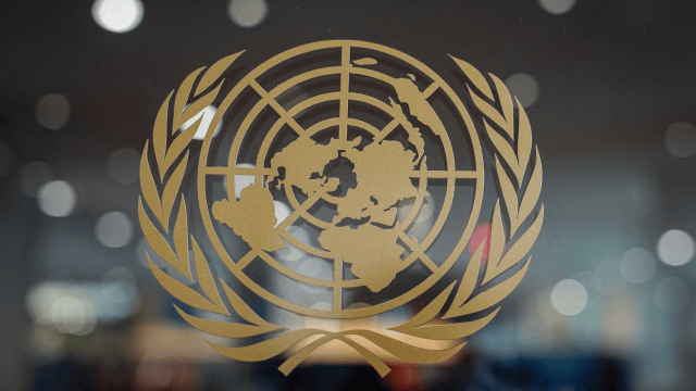 The United Nations logo at the General Debate of the UN General Assembly in New York in September 2025. (Kay Nietfeld/Picture Alliance via Getty Images)